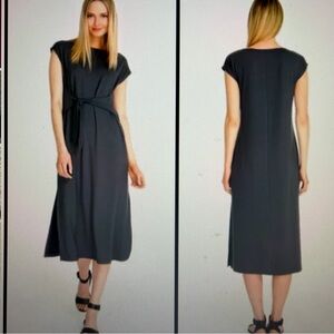Johnny Was Calme Dress M | Gray Tie Waist Midi Side Slits Cap Sleeve